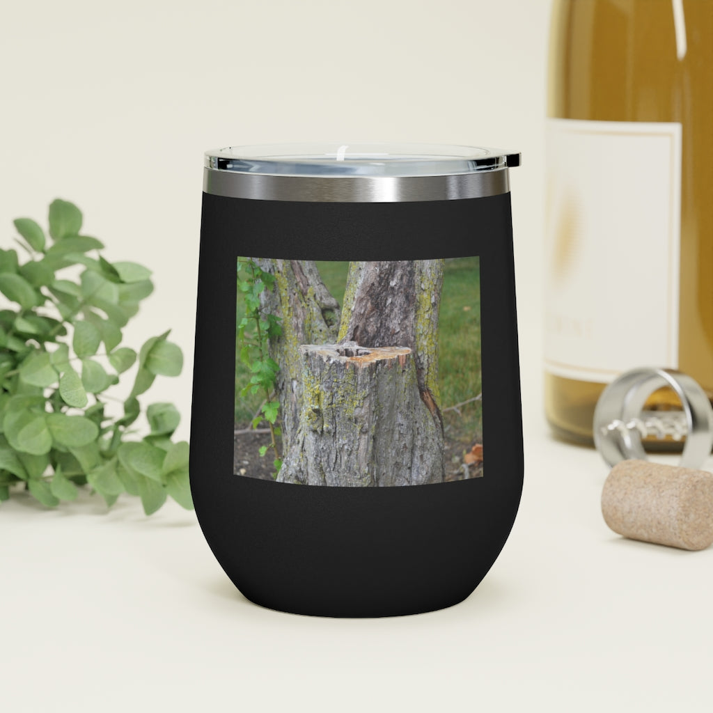 Tree Stump 12oz Insulated Wine Tumbler with clear lid and stainless steel body, perfect for hot and cold beverages.