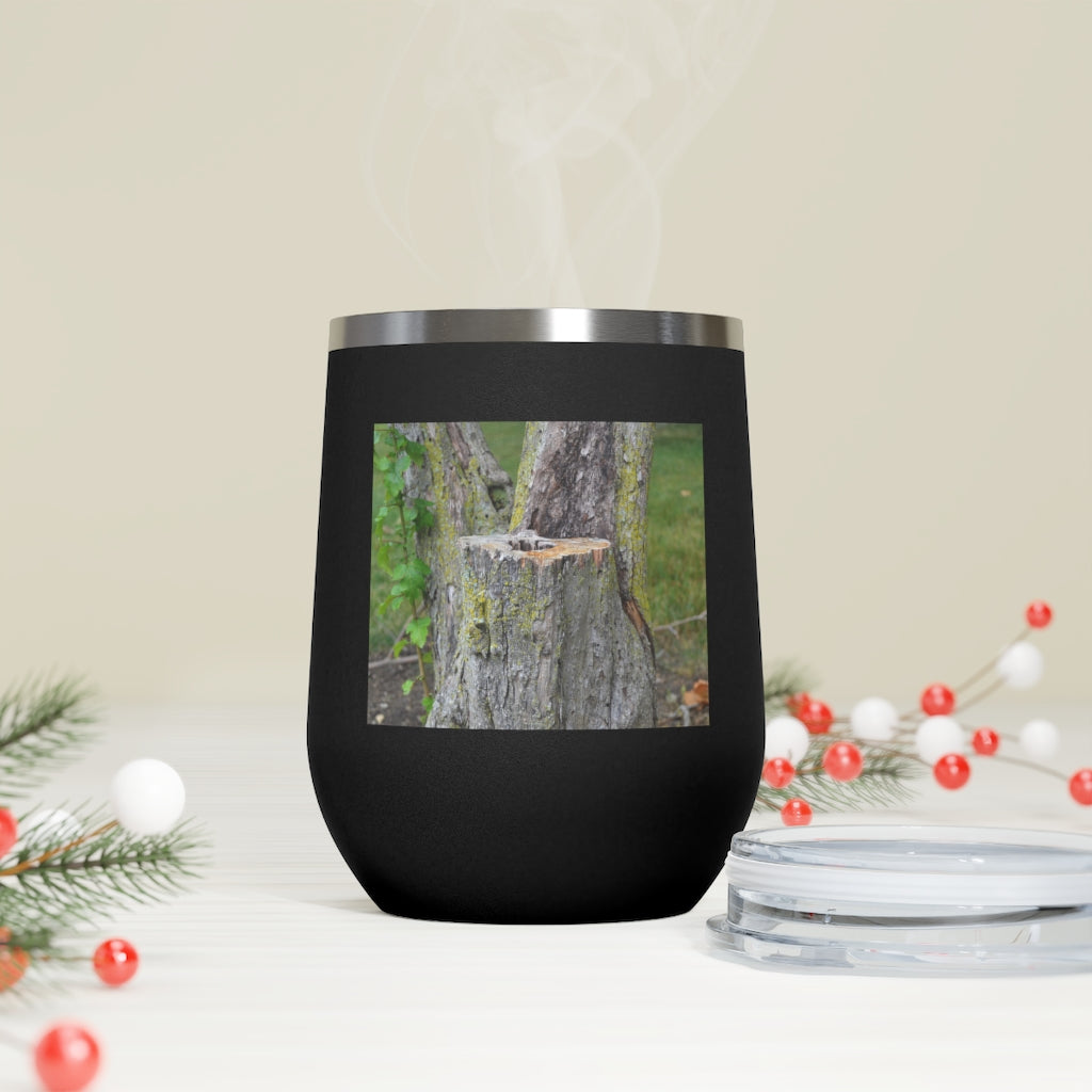 Tree Stump 12oz Insulated Wine Tumbler with clear lid and stainless steel body, perfect for hot and cold beverages.