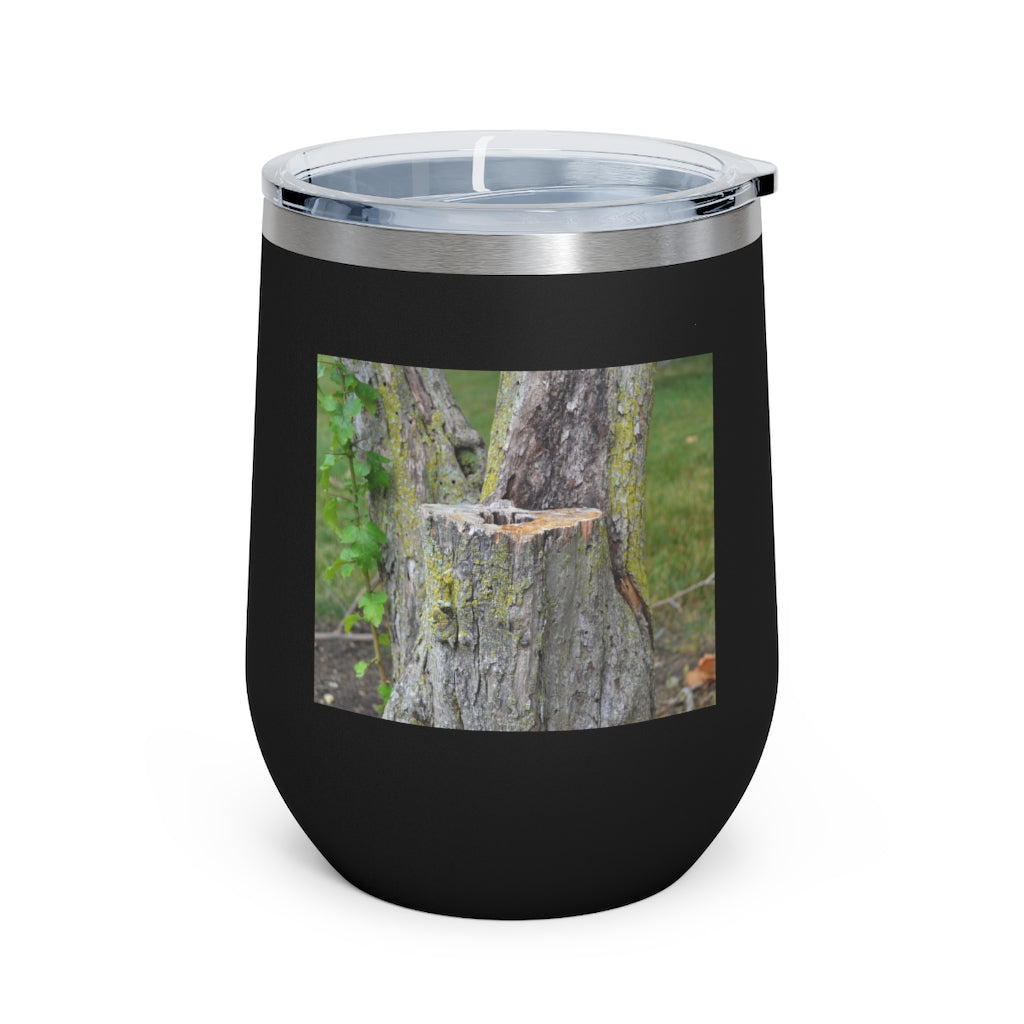 Tree Stump 12oz Insulated Wine Tumbler with clear lid and stainless steel body, perfect for hot and cold beverages.