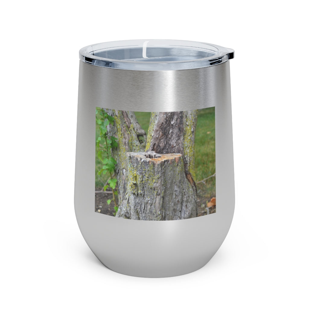 Tree Stump 12oz Insulated Wine Tumbler with clear lid and stainless steel body, perfect for hot and cold beverages.