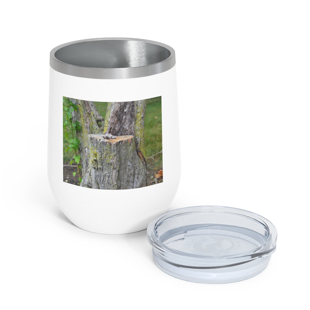 Tree Stump 12oz Insulated Wine Tumbler with clear lid and stainless steel body, perfect for hot and cold beverages.