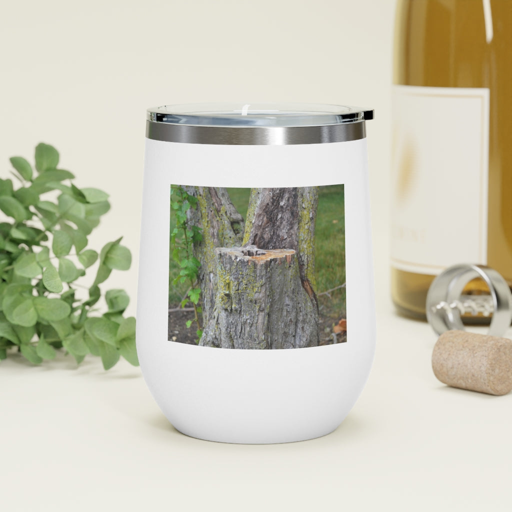 Tree Stump 12oz Insulated Wine Tumbler with clear lid and stainless steel body, perfect for hot and cold beverages.