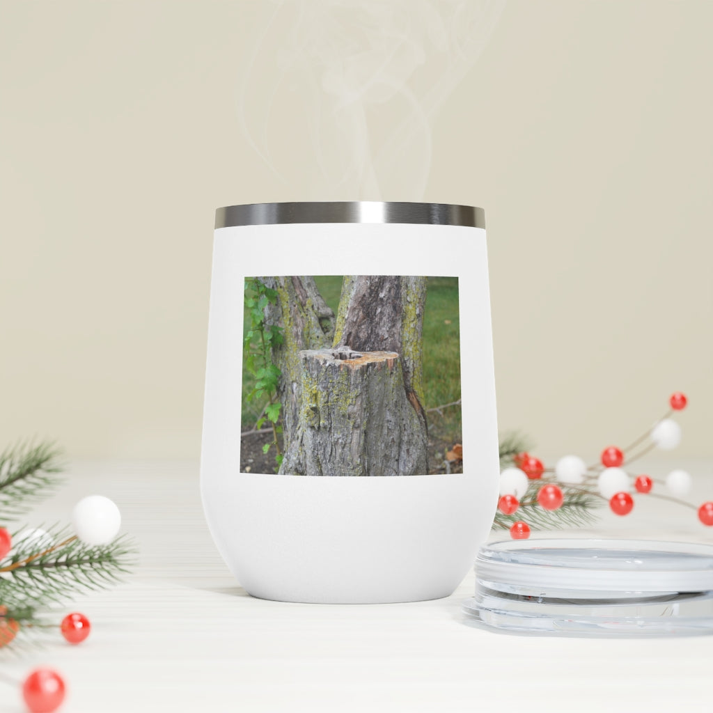 Tree Stump 12oz Insulated Wine Tumbler with clear lid and stainless steel body, perfect for hot and cold beverages.