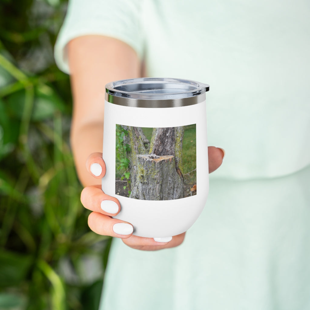 Tree Stump 12oz Insulated Wine Tumbler with clear lid and stainless steel body, perfect for hot and cold beverages.