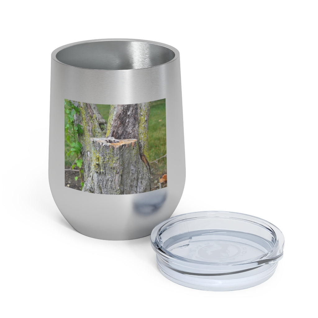 Tree Stump 12oz Insulated Wine Tumbler with clear lid and stainless steel body, perfect for hot and cold beverages.