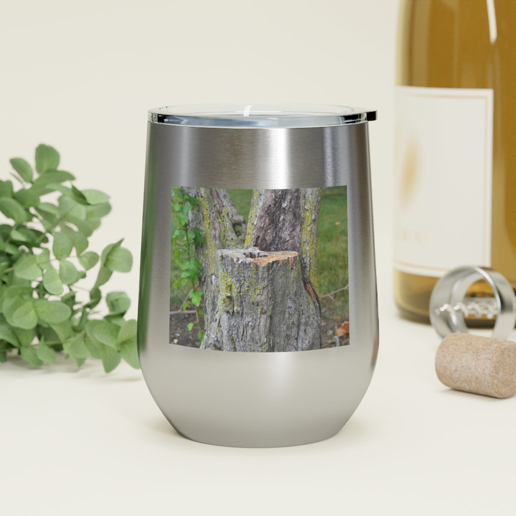 Tree Stump 12oz Insulated Wine Tumbler with clear lid and stainless steel body, perfect for hot and cold beverages.