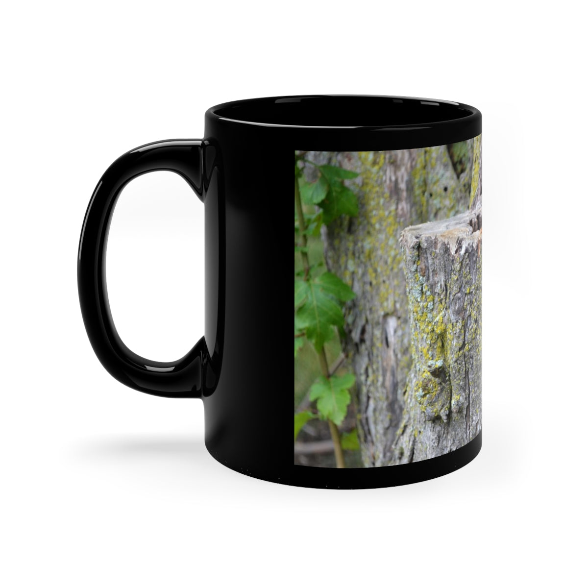 Tree Stump 11oz Black Mug with C-handle, showcasing a sleek black ceramic design, perfect for coffee, tea, or hot chocolate.