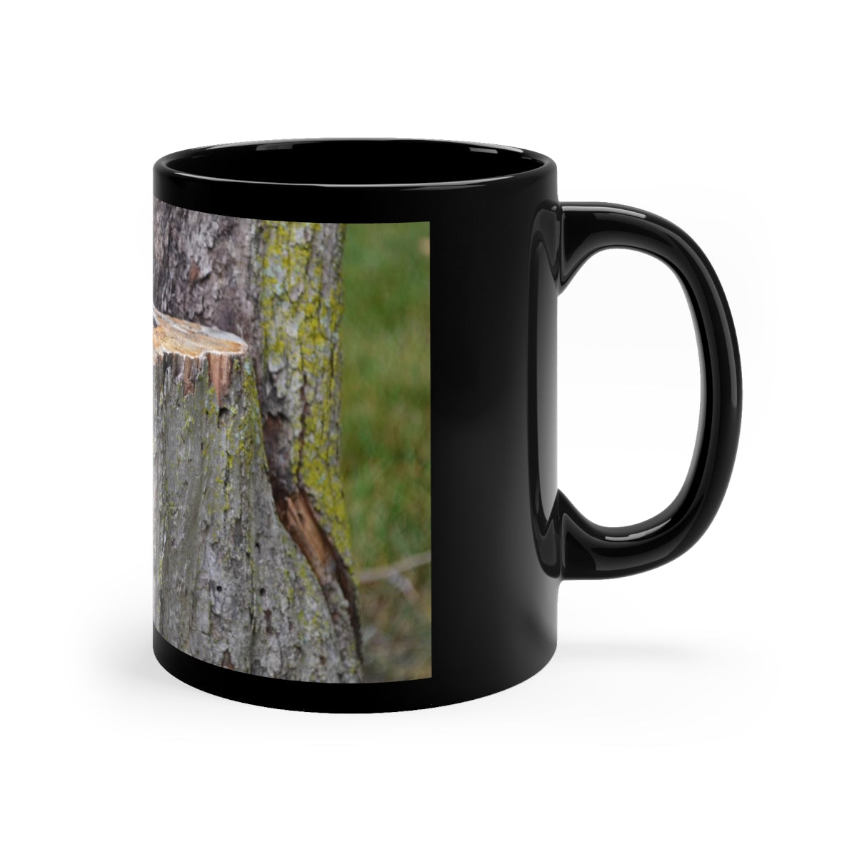 Tree Stump 11oz Black Mug with C-handle, showcasing a sleek black ceramic design, perfect for coffee, tea, or hot chocolate.