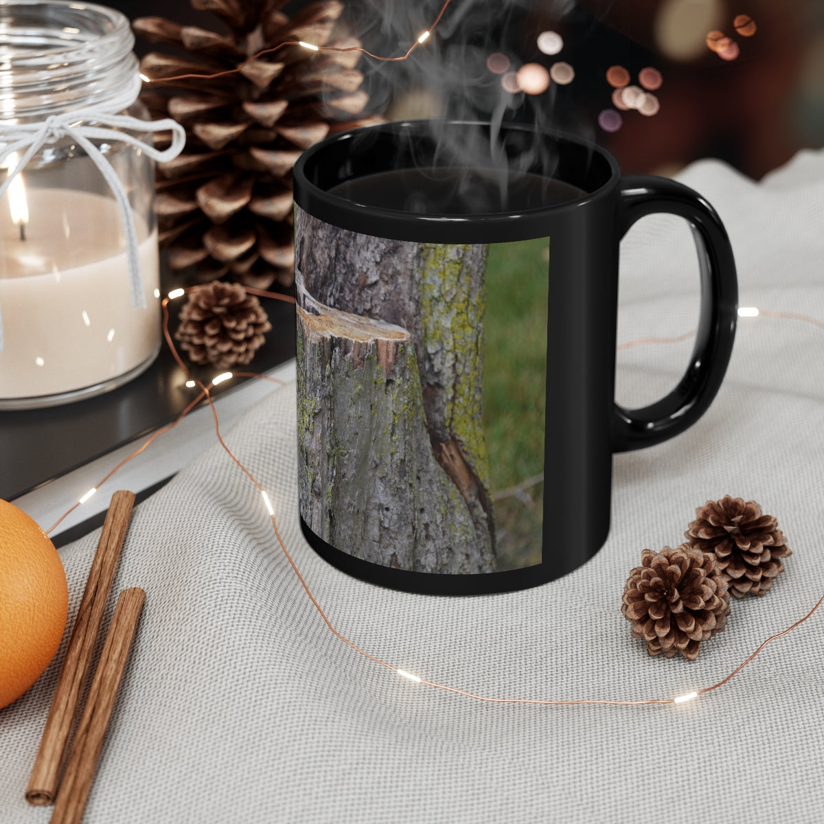 Tree Stump 11oz Black Mug with C-handle, showcasing a sleek black ceramic design, perfect for coffee, tea, or hot chocolate.