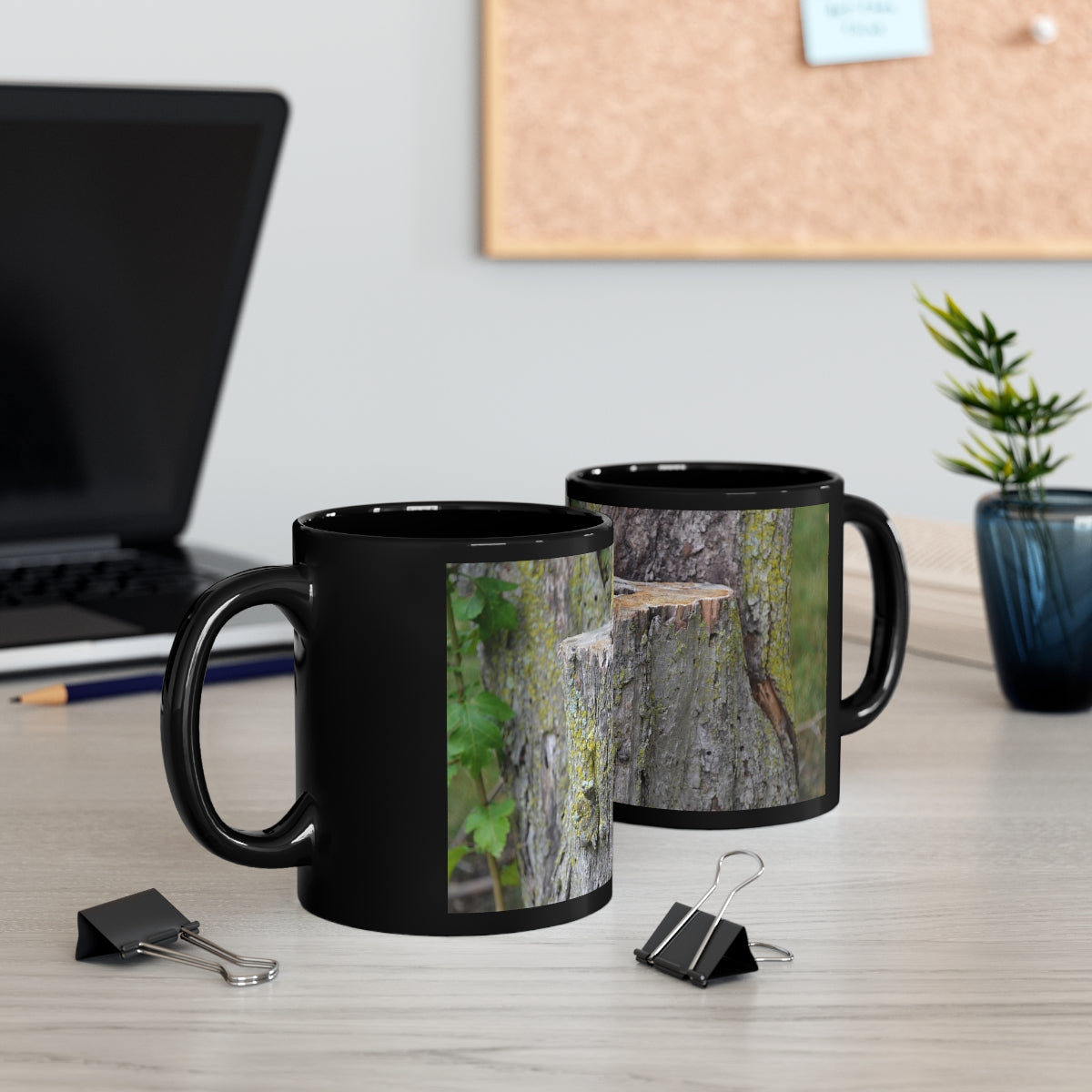 Tree Stump 11oz Black Mug with C-handle, showcasing a sleek black ceramic design, perfect for coffee, tea, or hot chocolate.