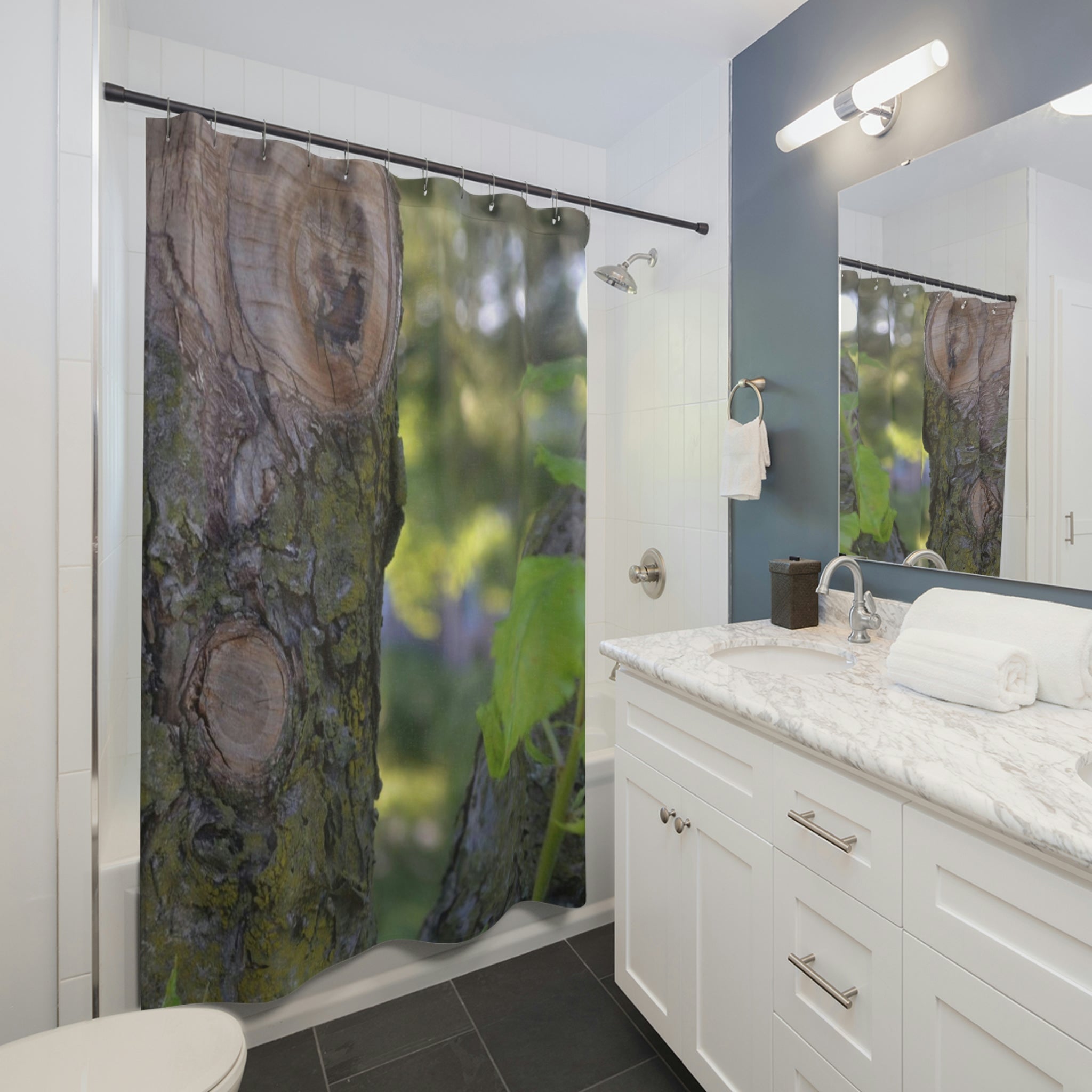 Tree Stump and Green Leaves Shower Curtain featuring a vibrant nature-inspired design on durable polyester fabric.