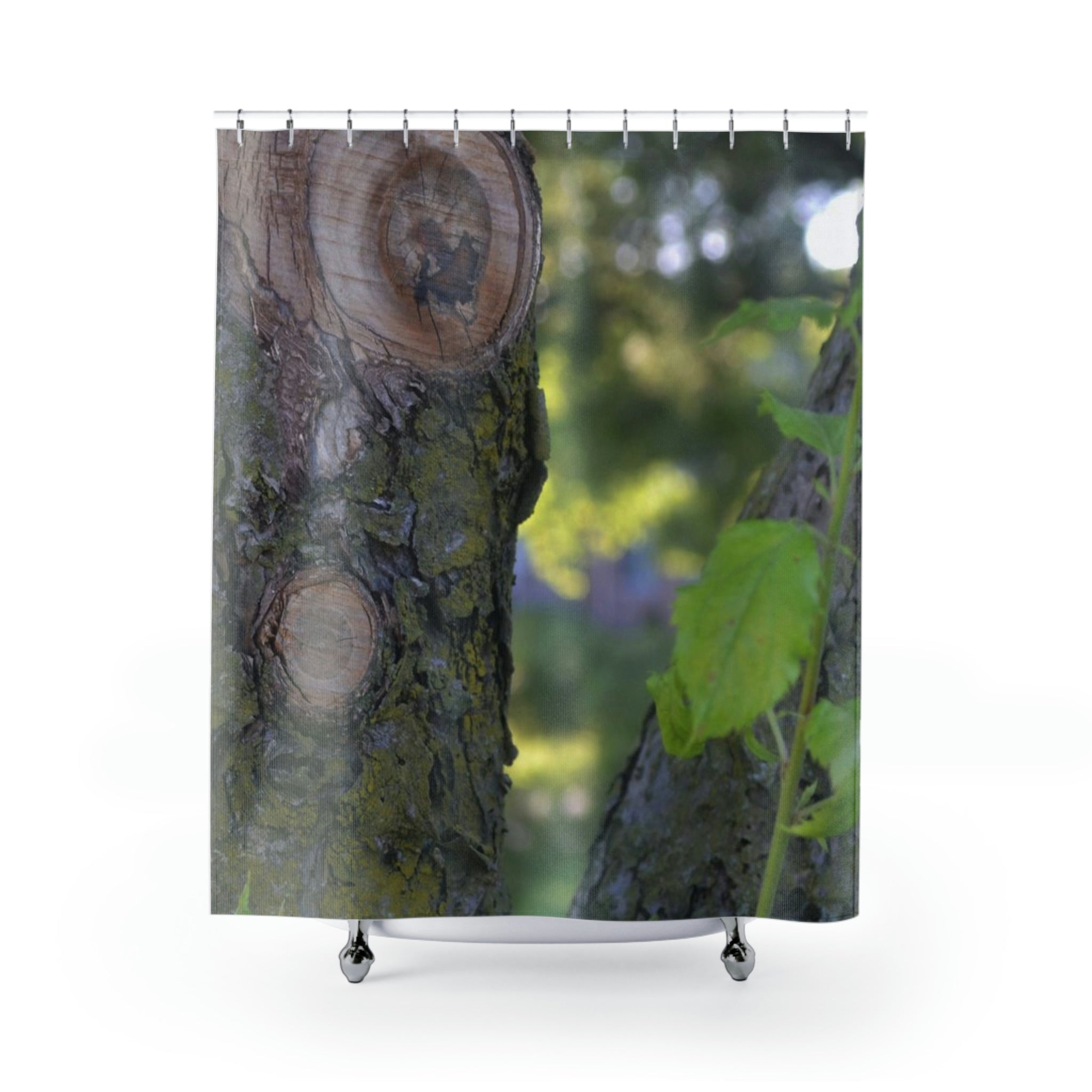 Tree Stump and Green Leaves Shower Curtain featuring a vibrant nature-inspired design on durable polyester fabric.