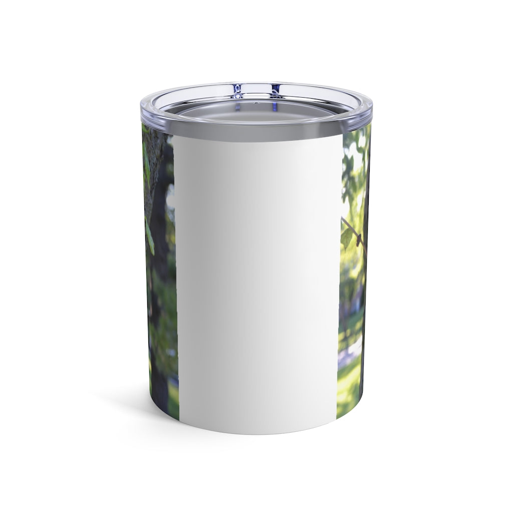 10oz stainless steel tumbler featuring a tree stump design with green leaves, perfect for travel and everyday use.