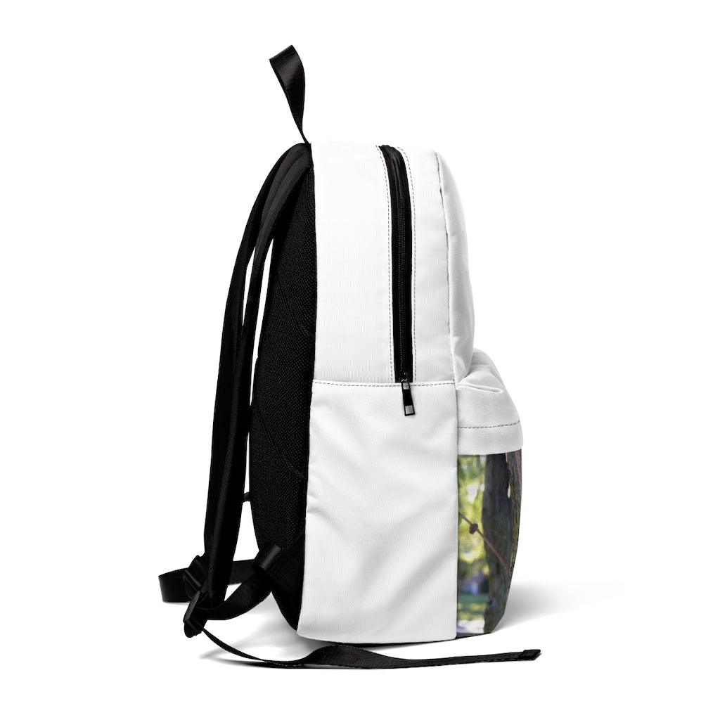 Tree Stump and Green Leaves Unisex Classic Backpack showcasing its durable nylon material and adjustable straps.