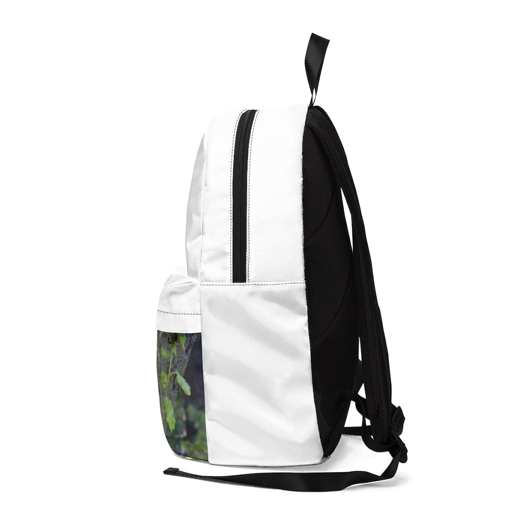 Tree Stump and Green Leaves Unisex Classic Backpack showcasing its durable nylon material and adjustable straps.