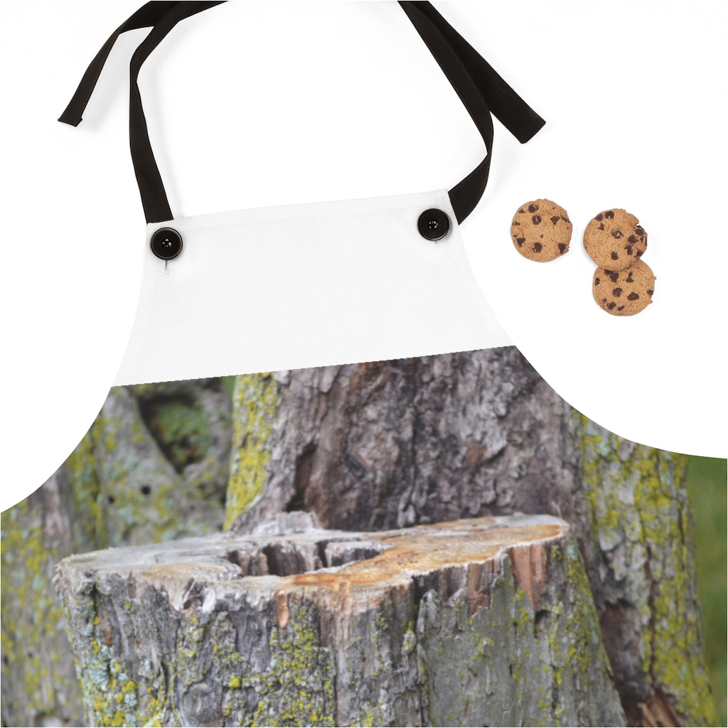 Tree Stump Apron featuring a unique tree stump design, made from durable polyester with black detachable twill straps.