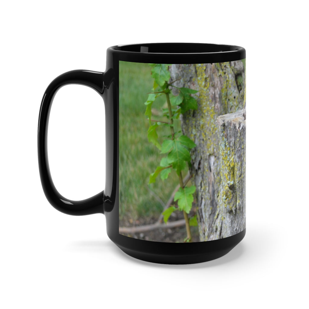 A stylish 15oz black ceramic mug with a C-handle, featuring high-quality sublimation printing, perfect for coffee and tea lovers.