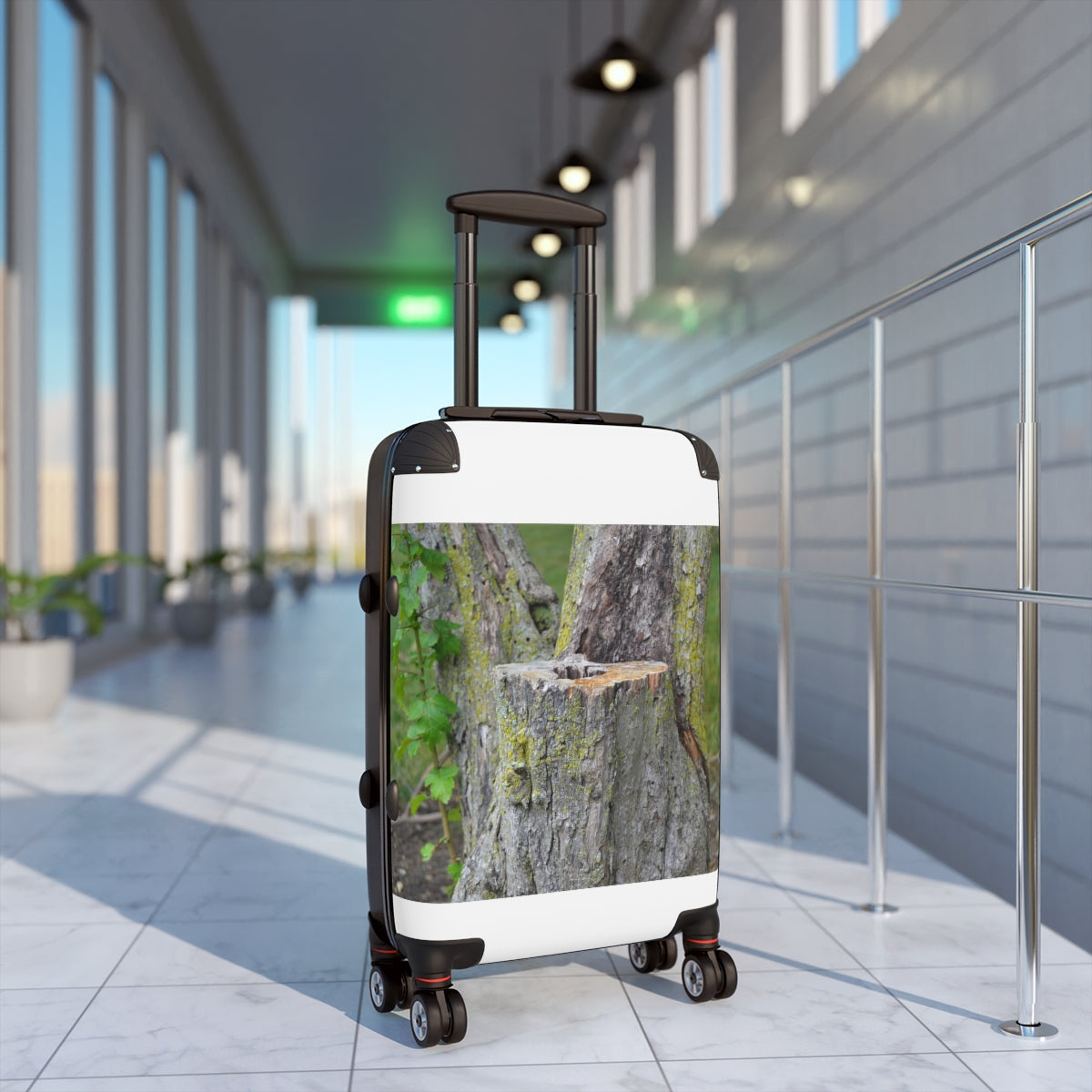 Tree Stump Cabin Suitcase featuring a unique tree stump design, lightweight hard-shell construction, and adjustable handle.