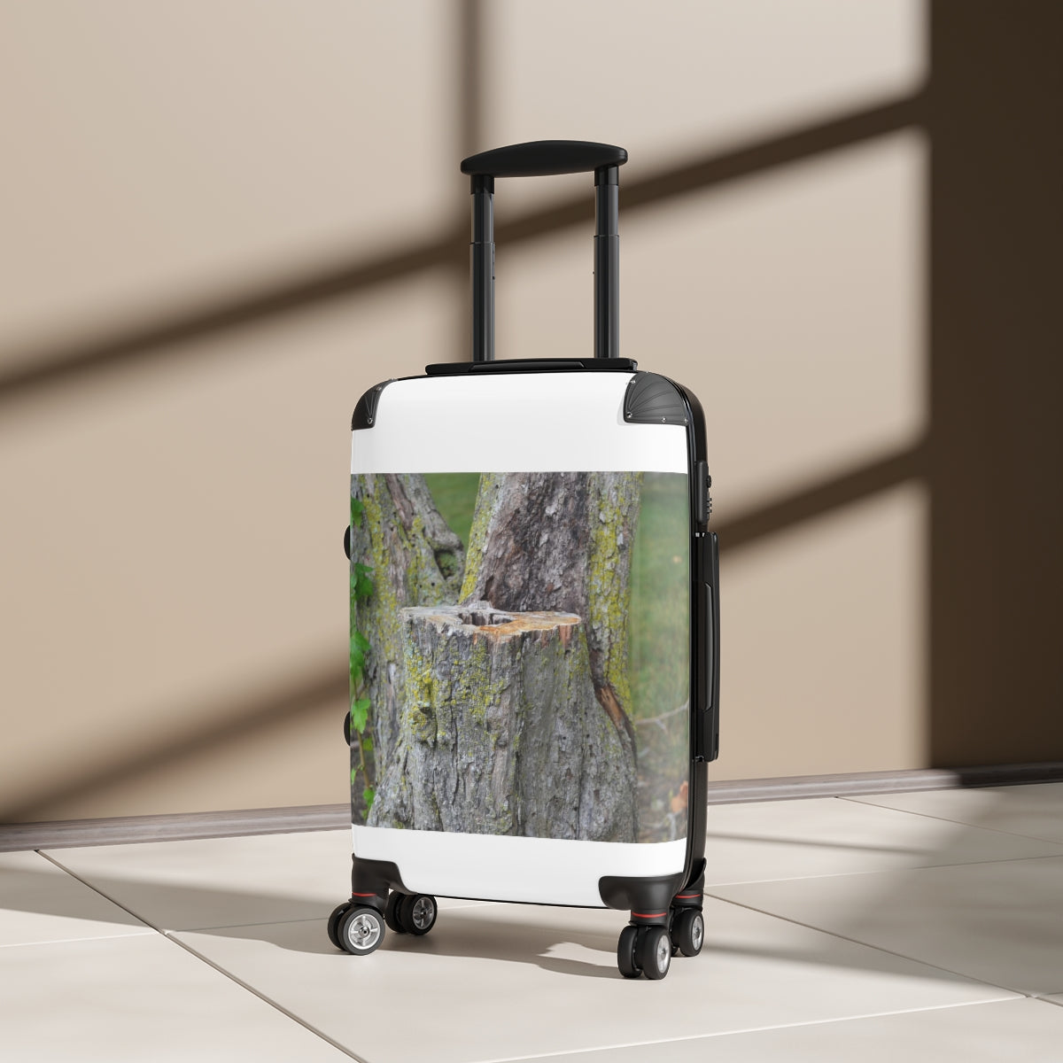 Tree Stump Cabin Suitcase featuring a unique tree stump design, lightweight hard-shell construction, and adjustable handle.