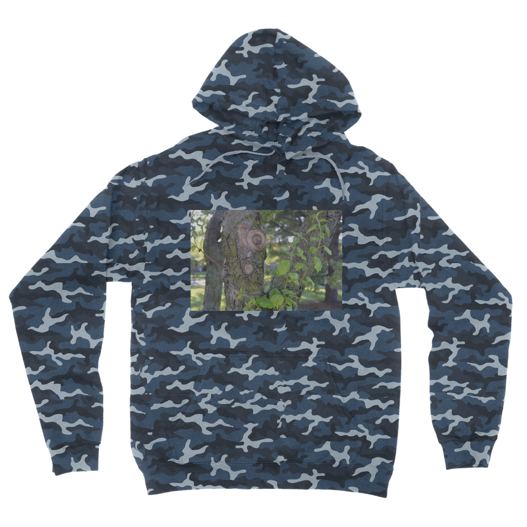 Tree Stump Camouflage Adult Hoodie featuring an all-over camo design, double fabric hood, and kangaroo pouch pocket.