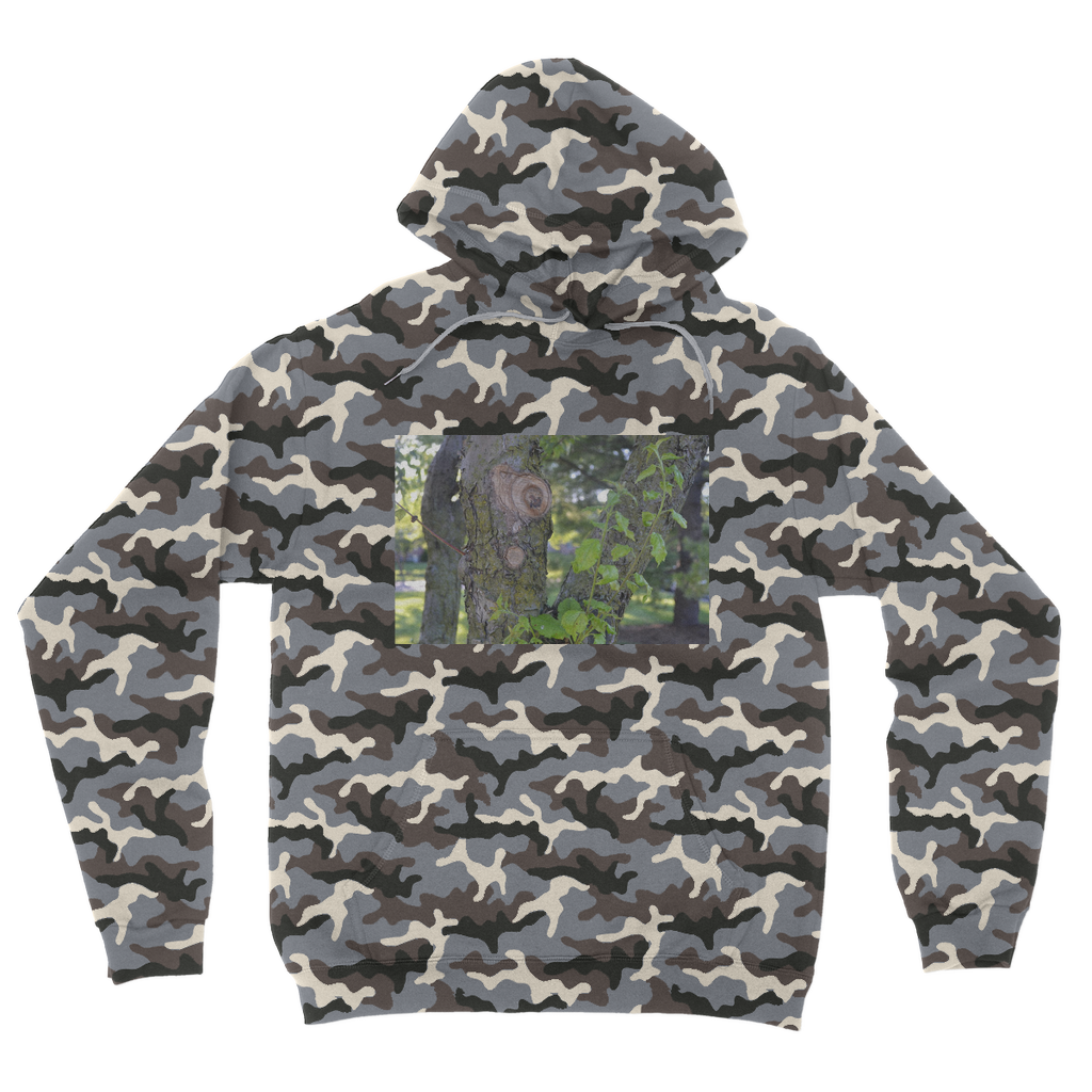 Tree Stump Camouflage Adult Hoodie featuring an all-over camo design, double fabric hood, and kangaroo pouch pocket.