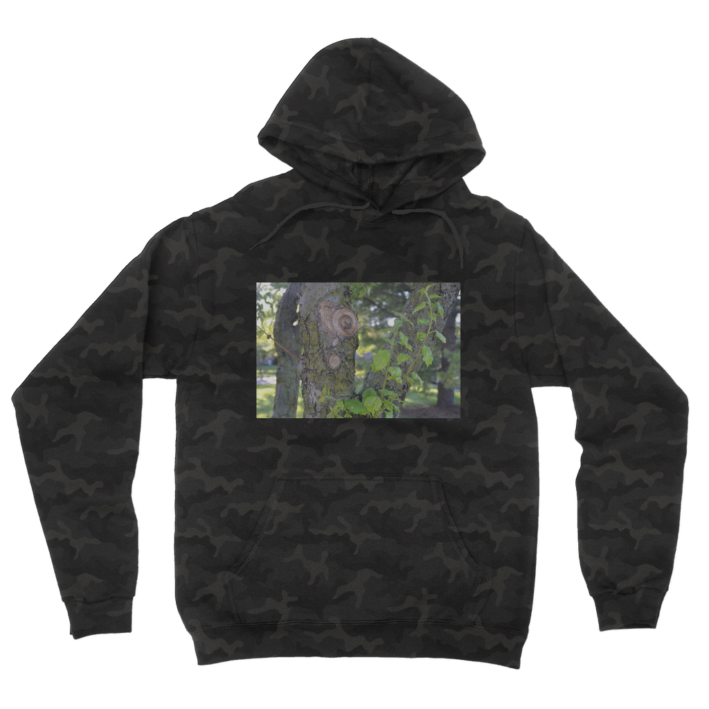 Tree Stump Camouflage Adult Hoodie featuring an all-over camo design, double fabric hood, and kangaroo pouch pocket.