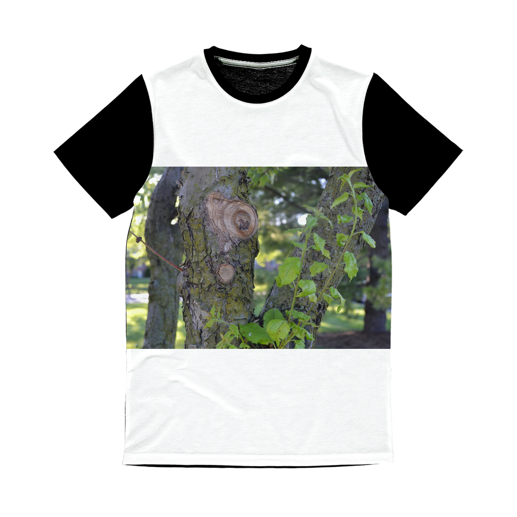 Tree Stump Classic Sublimation Panel T-Shirt featuring a vibrant front design and a plain black back, ideal for sublimation printing.