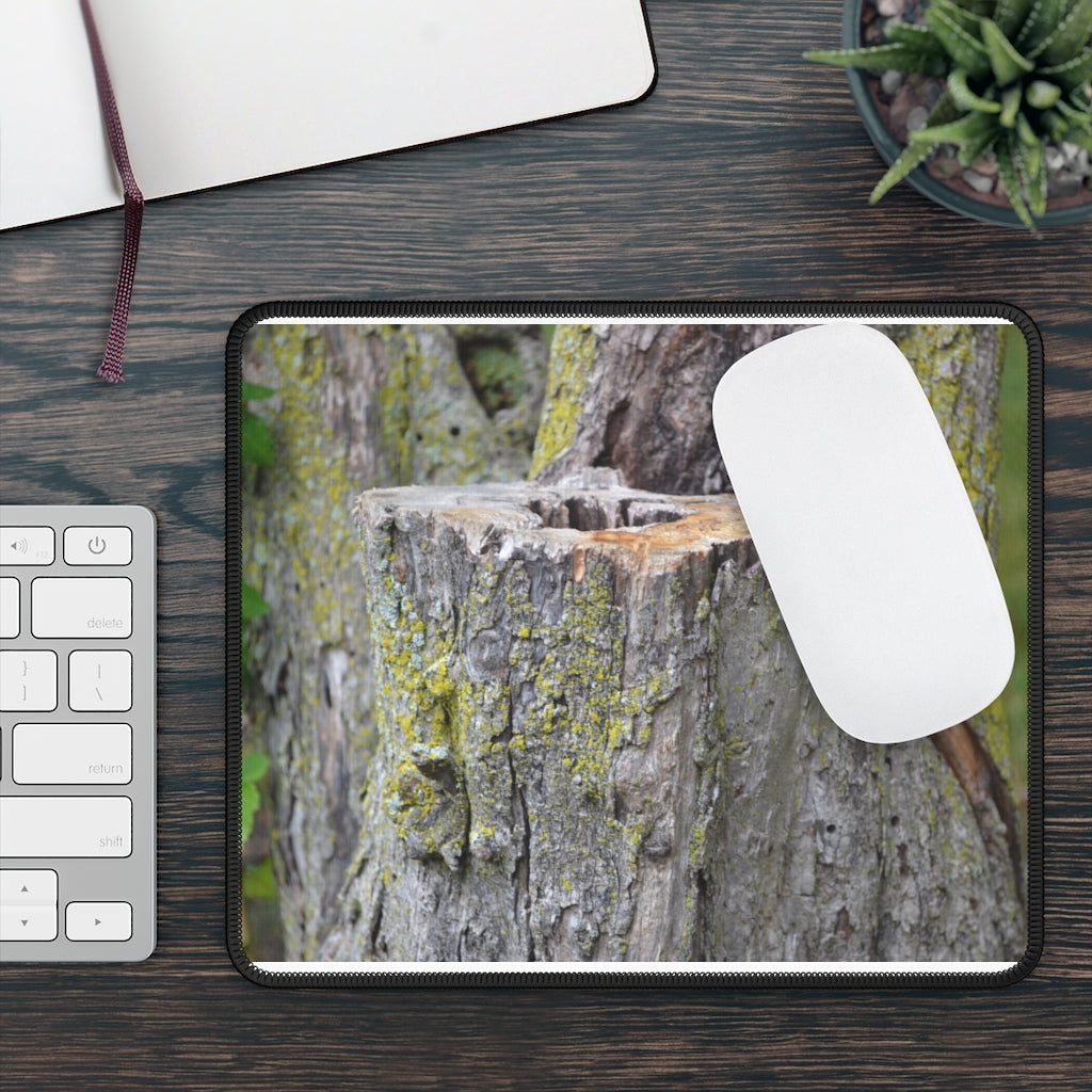 Tree Stump Gaming Mouse Pad featuring vibrant colors and stitched edges, designed for smooth mouse movements and durability.