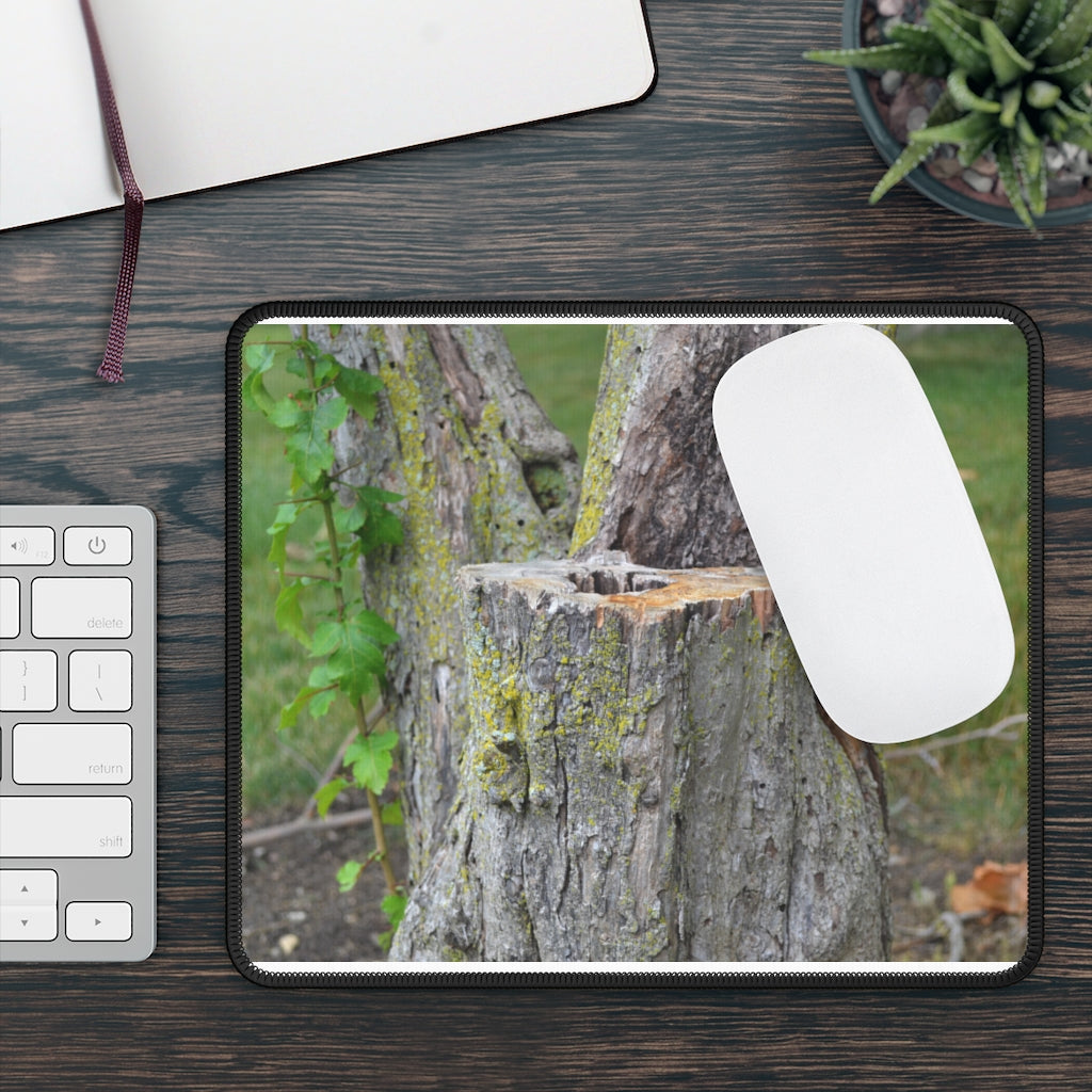 Tree Stump Gaming Mouse Pad featuring vibrant colors and stitched edges, measuring 9x7 inches, perfect for gaming and work.