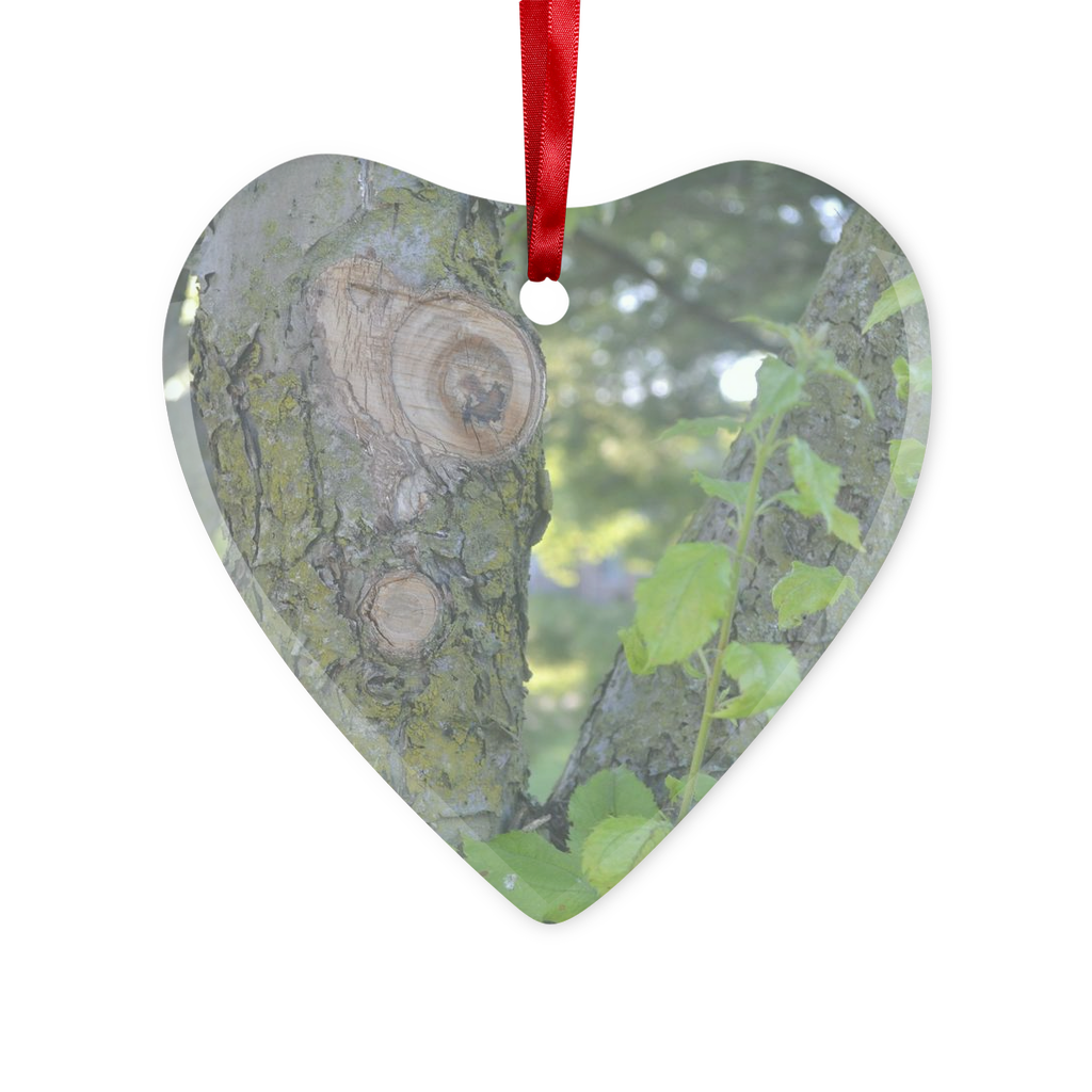 Tree Stump Glass Hanging Ornament with red ribbon and gold string, available in round and heart shapes, elegantly packaged in a white box.