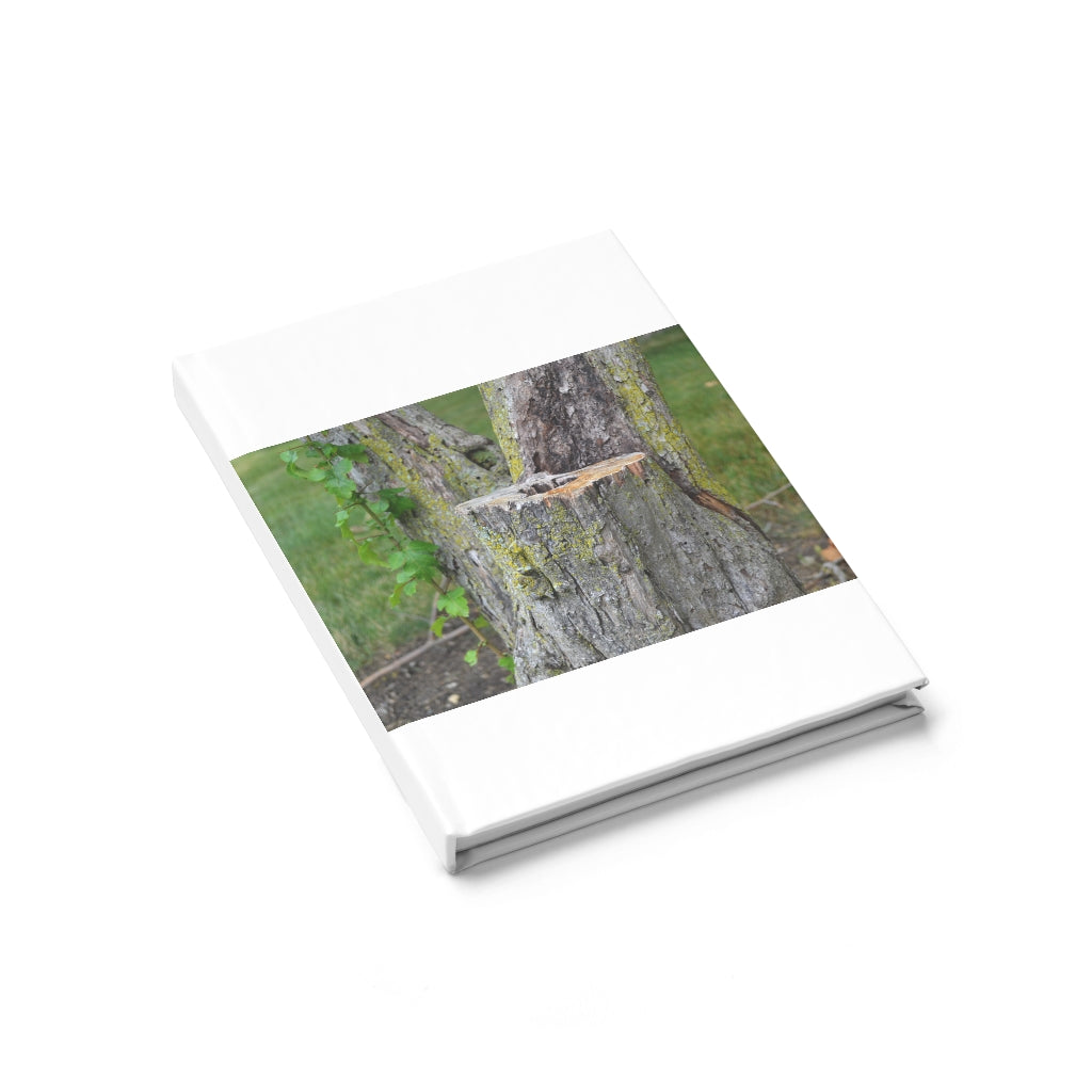 Tree Stump Journal featuring a durable hardcover with a unique wraparound print, showcasing ruled line pages for organized writing.