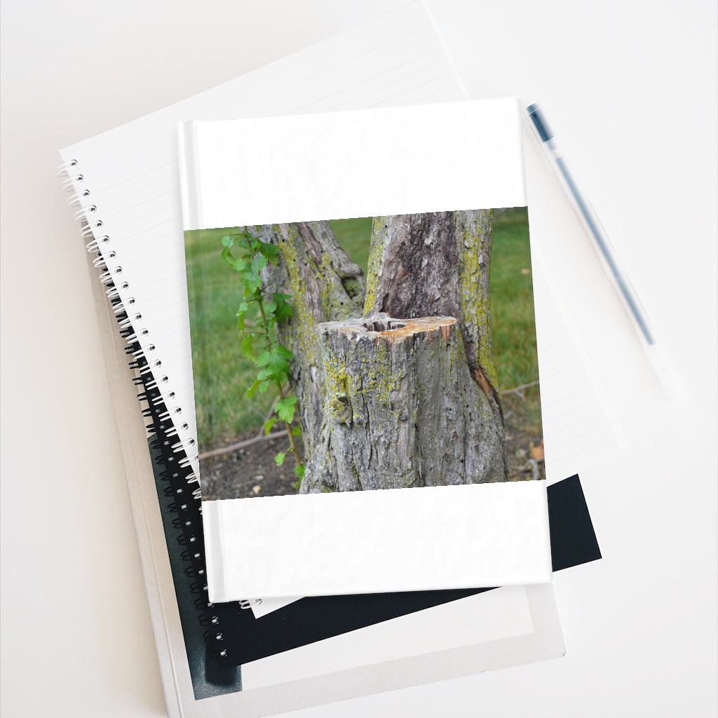 Tree Stump Journal featuring a durable hardcover with a unique wraparound print, showcasing ruled line pages for organized writing.