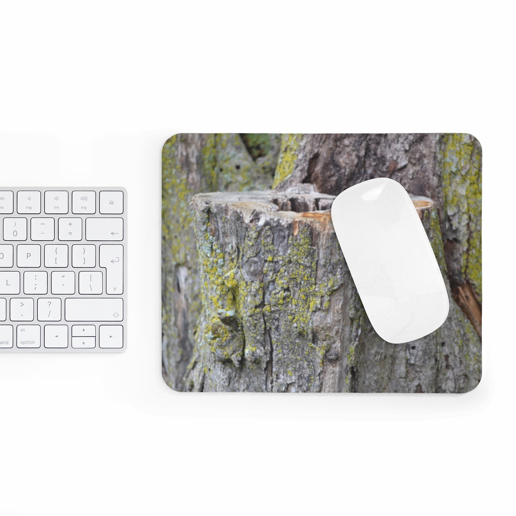 Tree Stump Mouse Pad featuring a vibrant tree stump design, made from durable neoprene with a non-slip base.