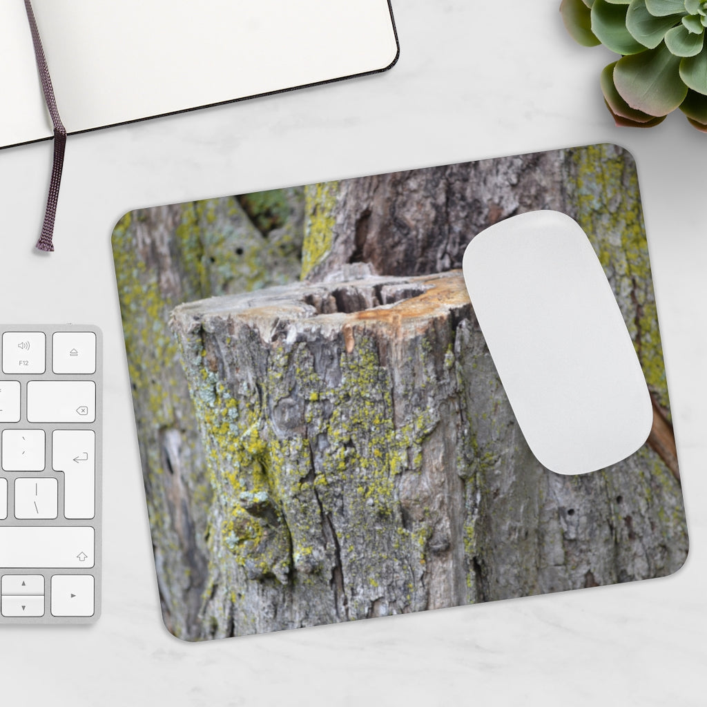 Tree Stump Mouse Pad featuring a vibrant tree stump design, made from durable neoprene with a non-slip base.