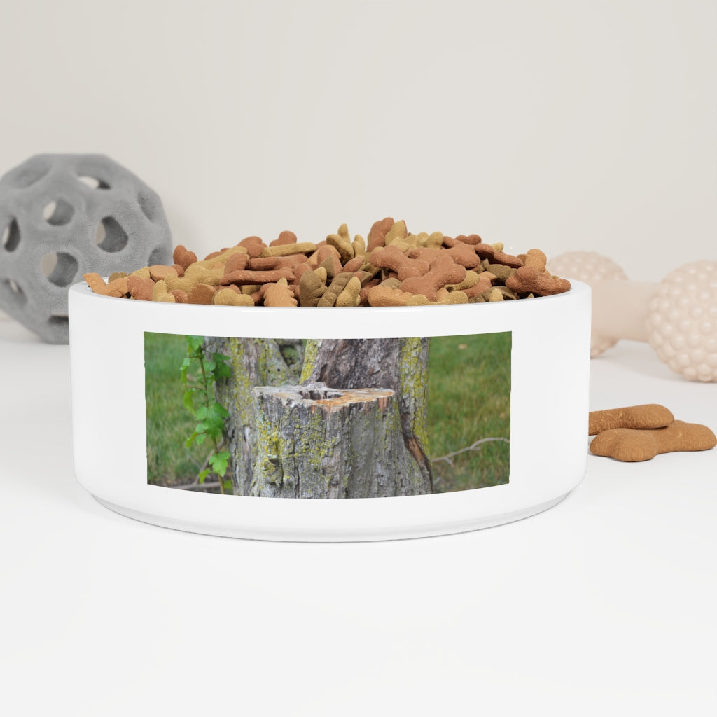 A stylish Tree Stump Pet Bowl made of white ceramic, featuring a customizable design that wraps around half of the bowl, perfect for small to medium pets.