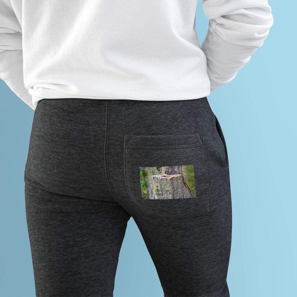 Tree Stump Premium Fleece Joggers showcasing customizable back pocket and side pockets, made from soft fleece material.