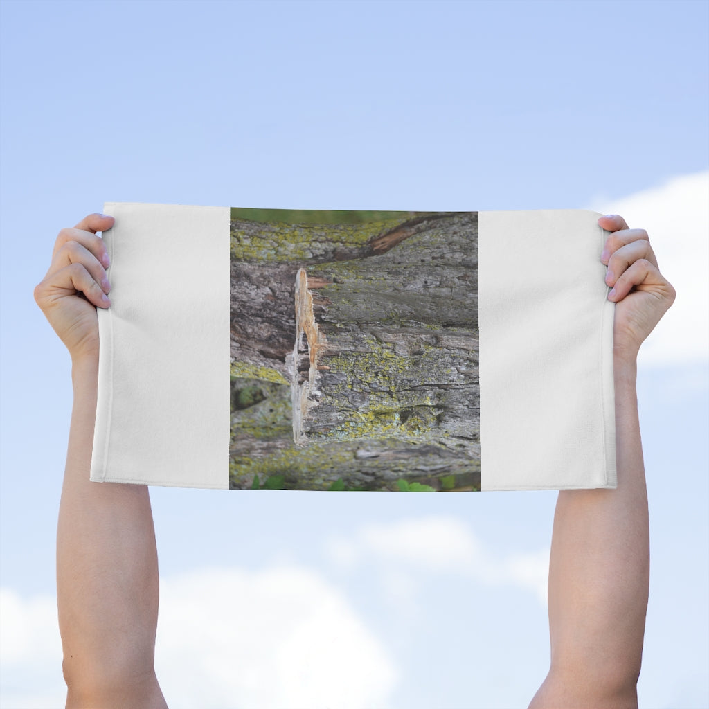 Tree Stump Rally Towel measuring 11x18 inches, featuring a soft cotton backing and printed mink polyester front, ideal for personalization.