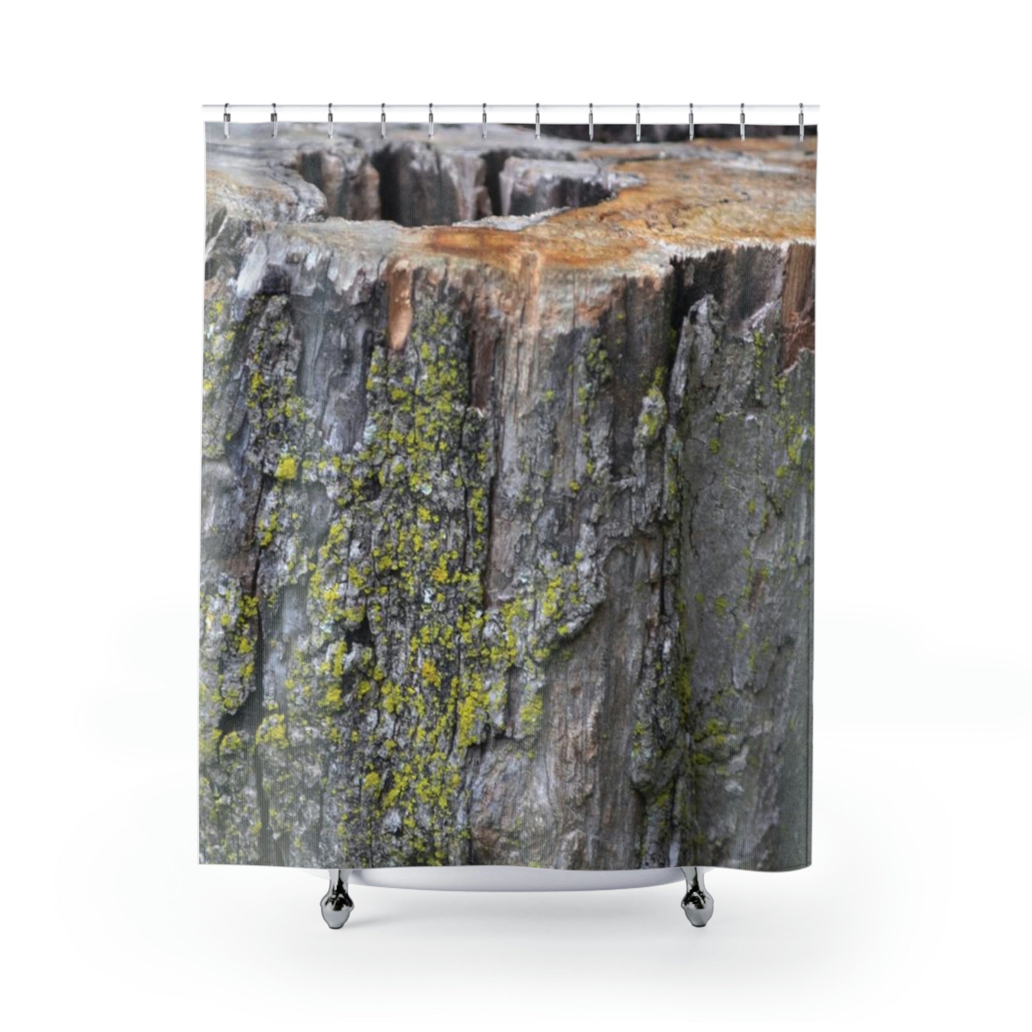 Tree Stump Shower Curtain featuring a realistic tree stump design, made from durable polyester, perfect for adding a natural touch to bathrooms.