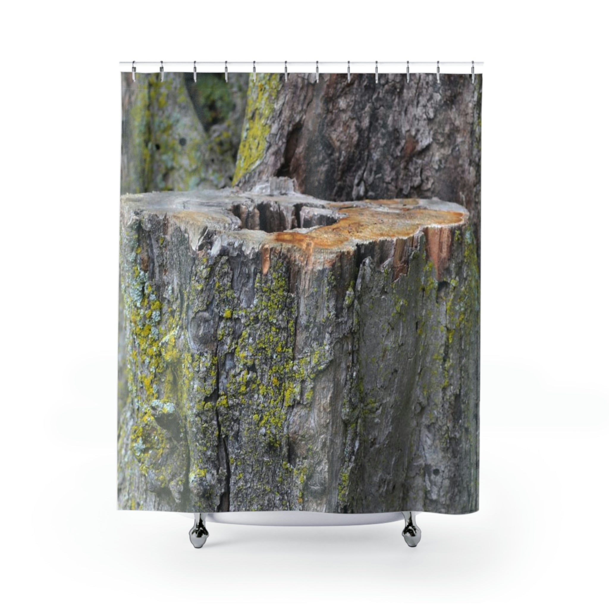 Tree Stump Shower Curtain featuring a vibrant tree stump design, made from durable polyester, perfect for bathroom decor.