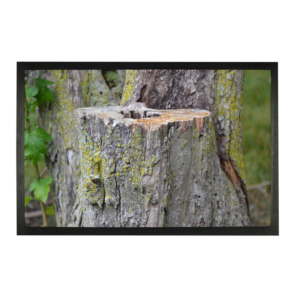 Tree Stump Sublimation Doormat showcasing a natural wood design, perfect for personalized entryway decor.