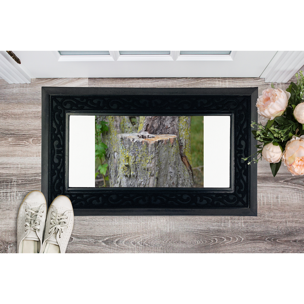 Tree Stump Sublimation Heavy Duty Door Mat with a removable fabric center and non-slip rubber base, featuring a classy brush border.