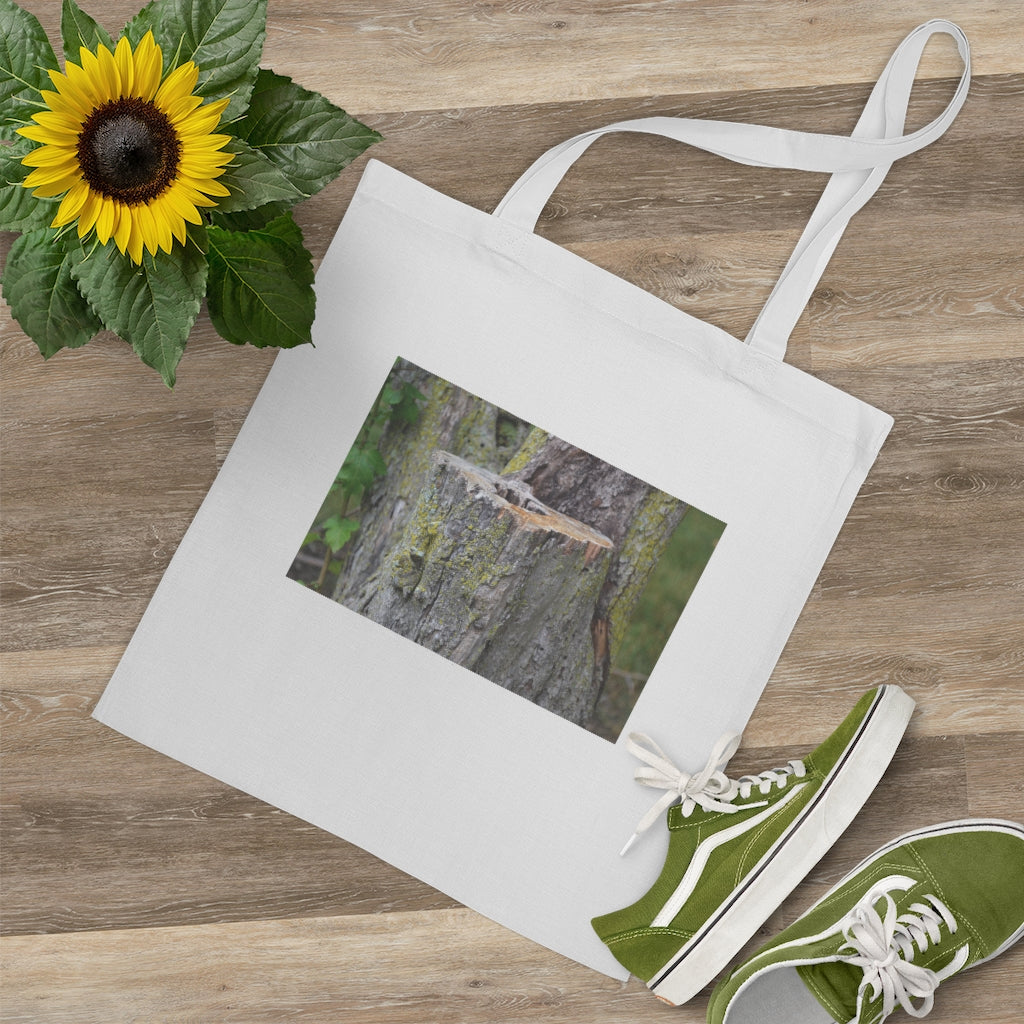 Tree Stump Tote Bag made of 100% cotton with long cross-stitched handles, available in various colors.