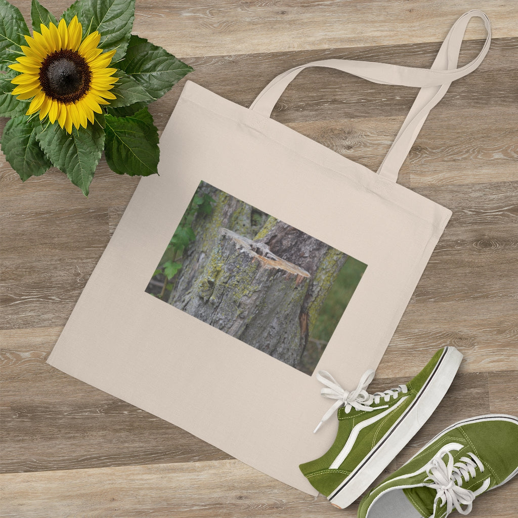 Tree Stump Tote Bag made of 100% cotton with long cross-stitched handles, available in various colors.