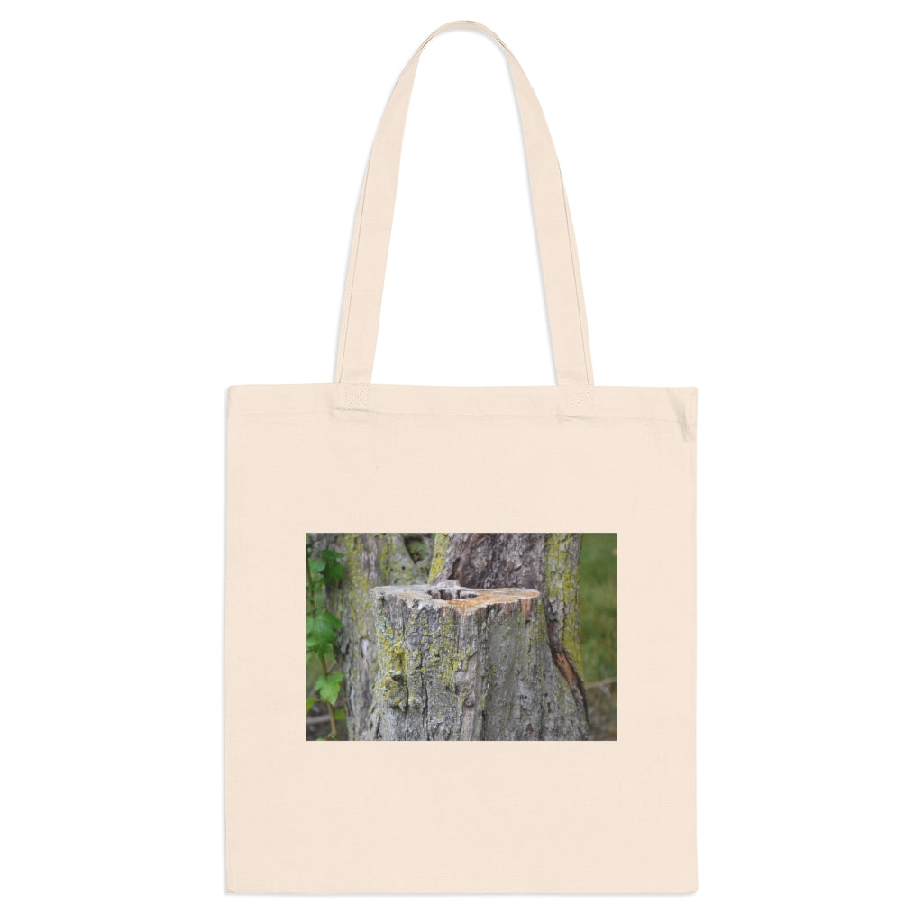 Tree Stump Tote Bag made of 100% cotton with long cross-stitched handles, available in various colors.