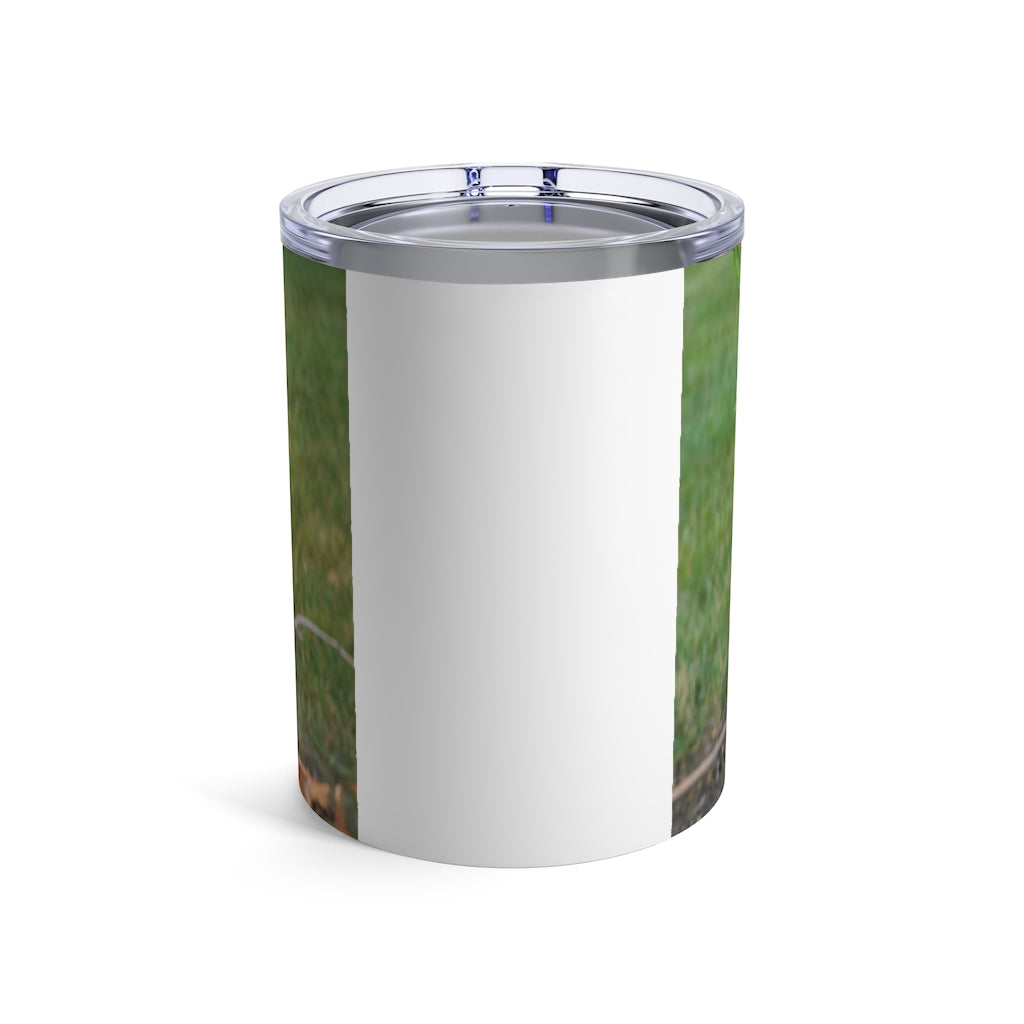 Tree Stump Tumbler 10oz made of stainless steel with a see-thru plastic lid, showcasing its sleek design and rounded corners.