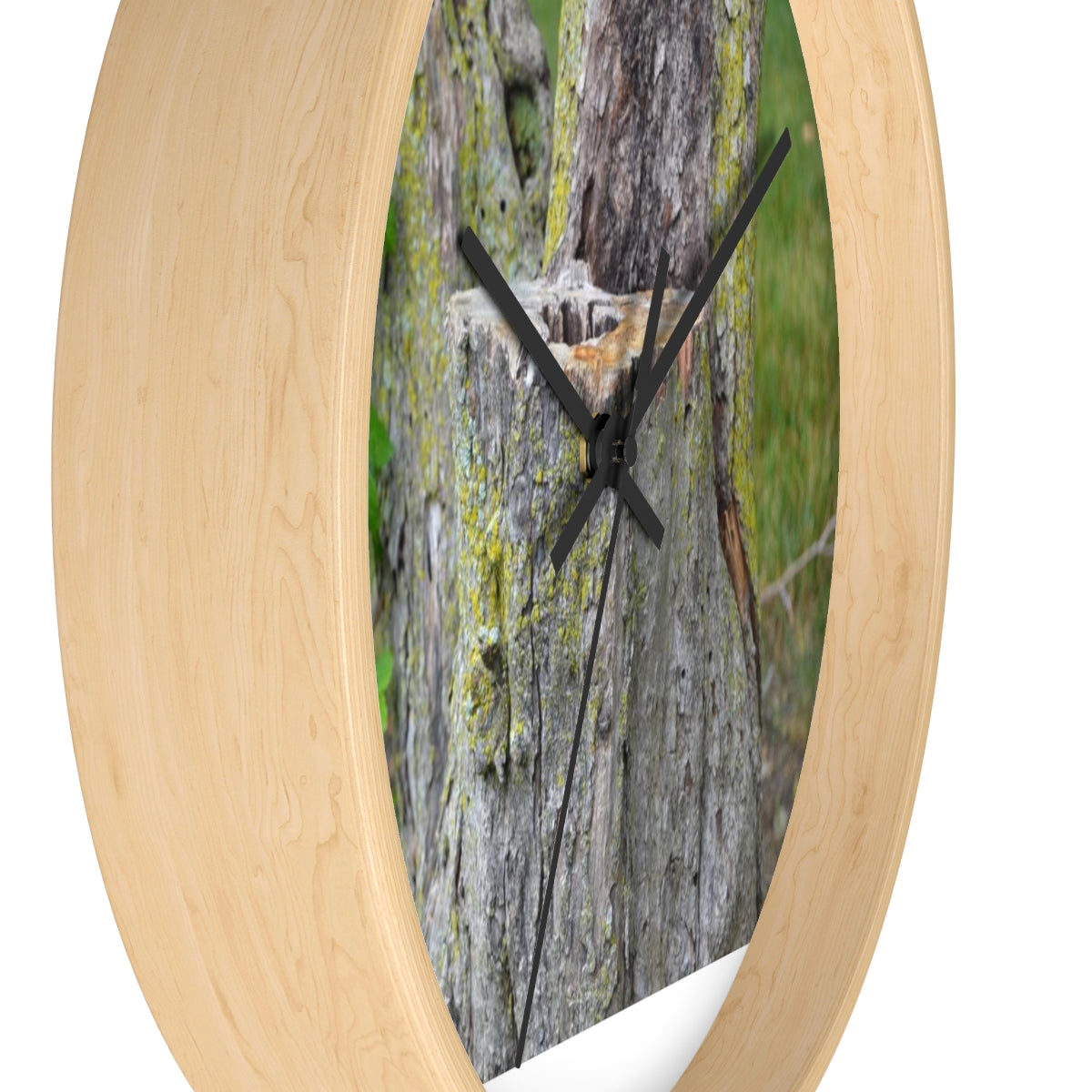 Tree Stump Wall Clock with wooden frame and plexiglass face, showcasing a rustic design.