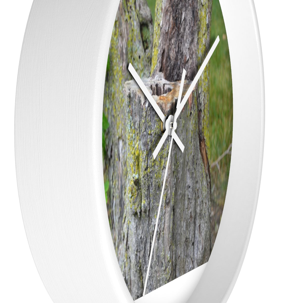 Tree Stump Wall Clock with wooden frame and plexiglass face, showcasing a rustic design.