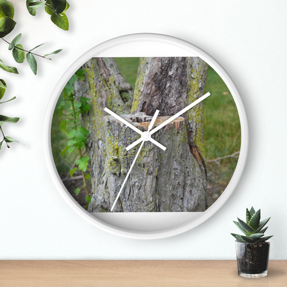 Tree Stump Wall Clock with wooden frame and plexiglass face, showcasing a rustic design.