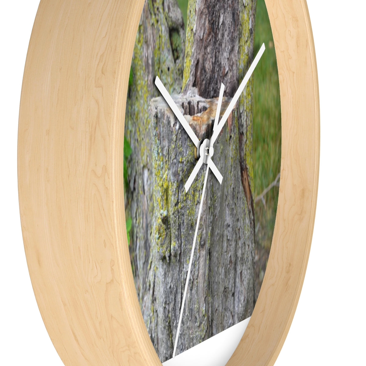 Tree Stump Wall Clock with wooden frame and plexiglass face, showcasing a rustic design.