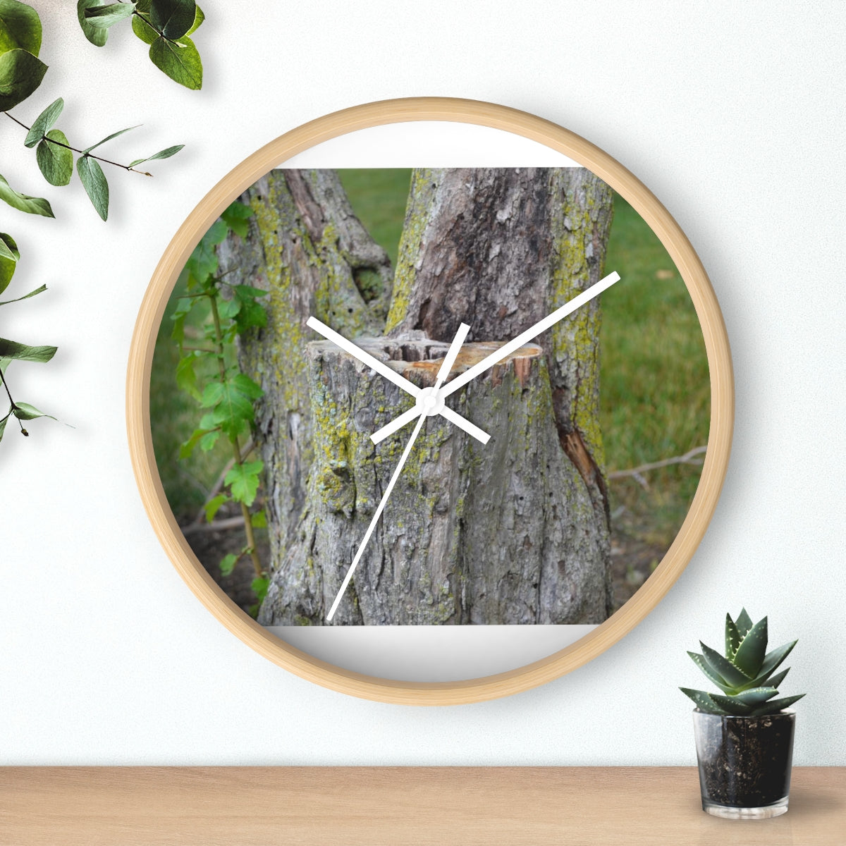 Tree Stump Wall Clock with wooden frame and plexiglass face, showcasing a rustic design.